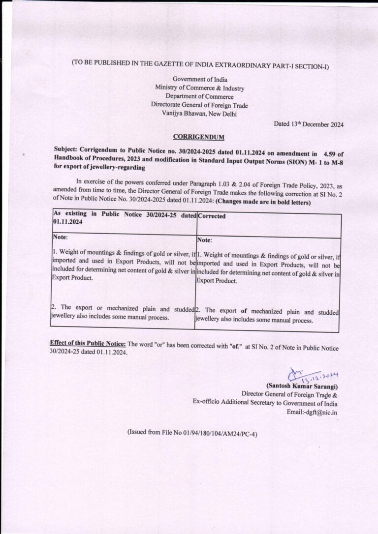 Corrigendum to Public Notice No. 30/2024-2025 on Export of Jewellery ...